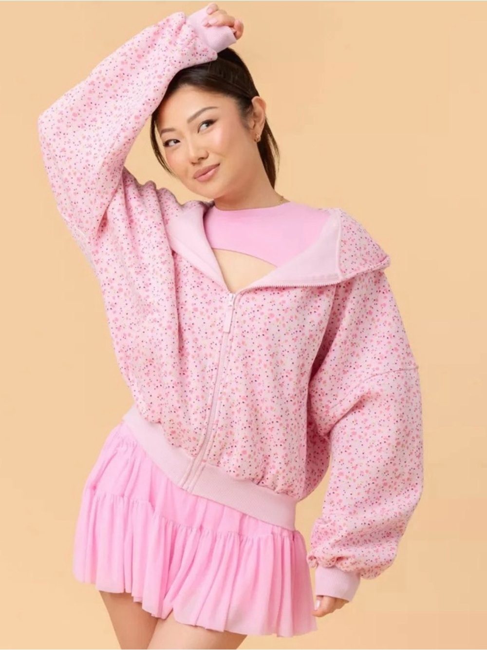 Blogilates Women's Mommy & Me Marshmallow Full Zip Hoodie Pink Floral Size L